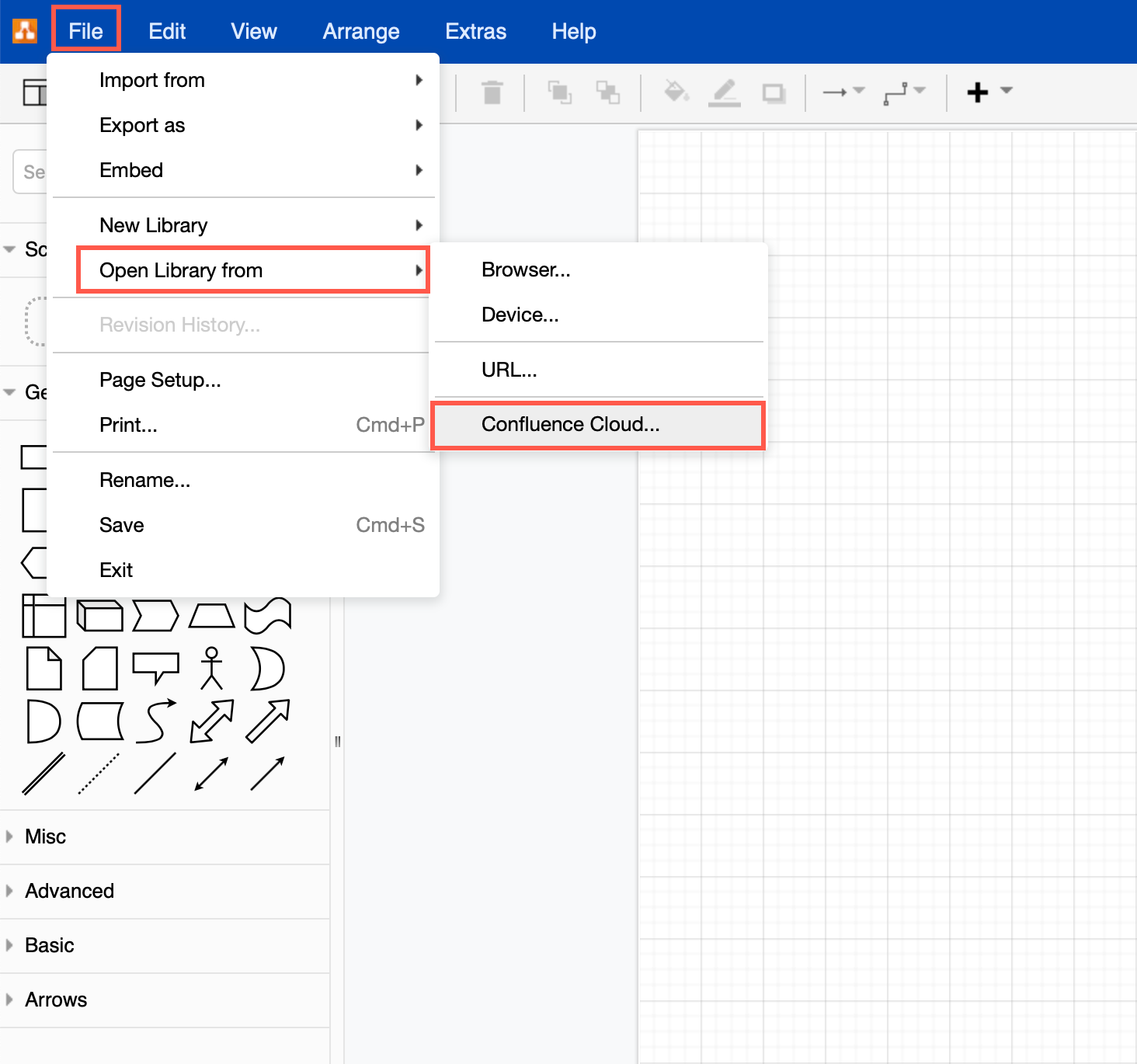 在 Confluence Cloud 中打开一个 draw.io 自定义库