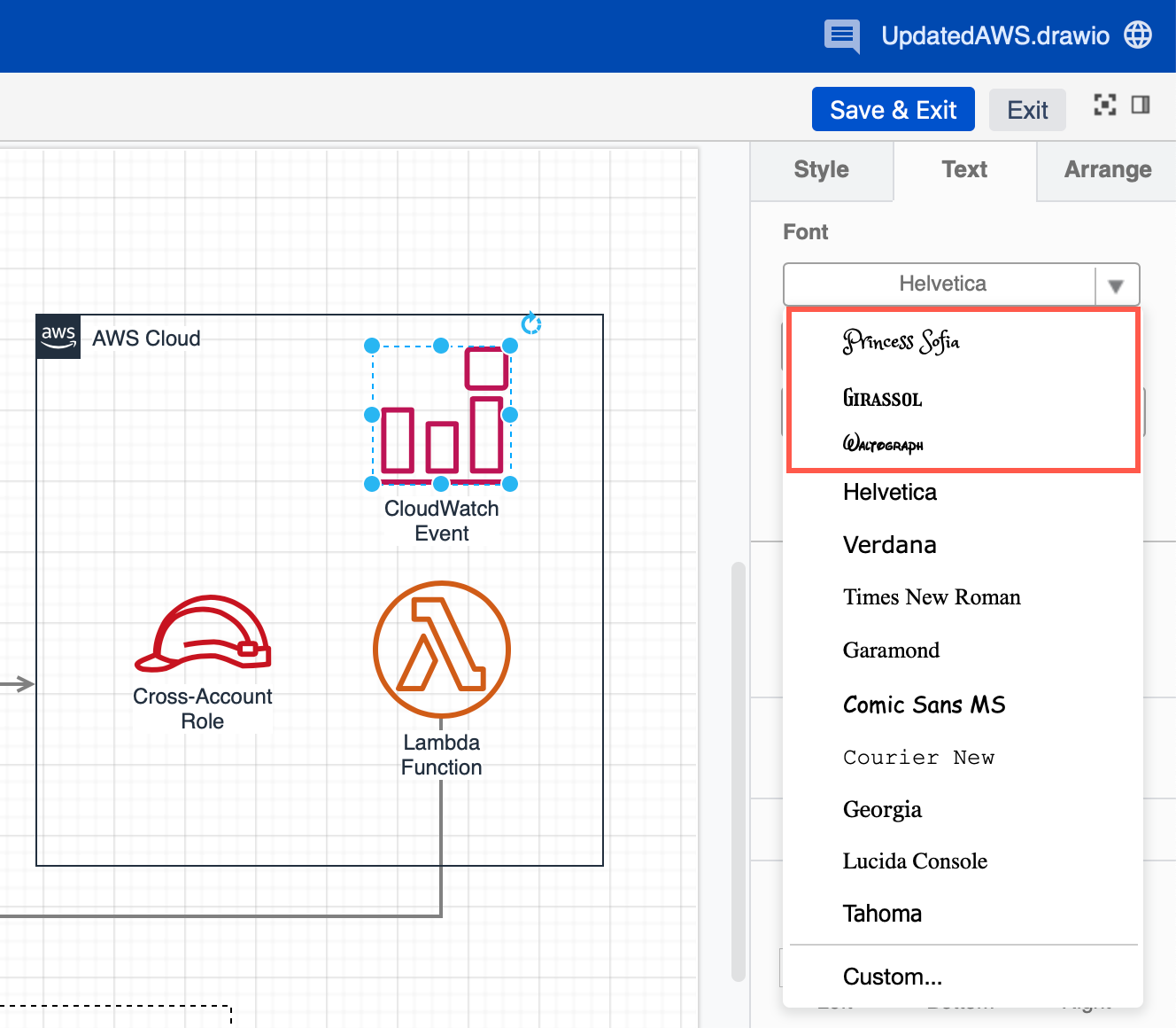 多种自定义字体可以在 draw.io 中用于 Confluence Cloud