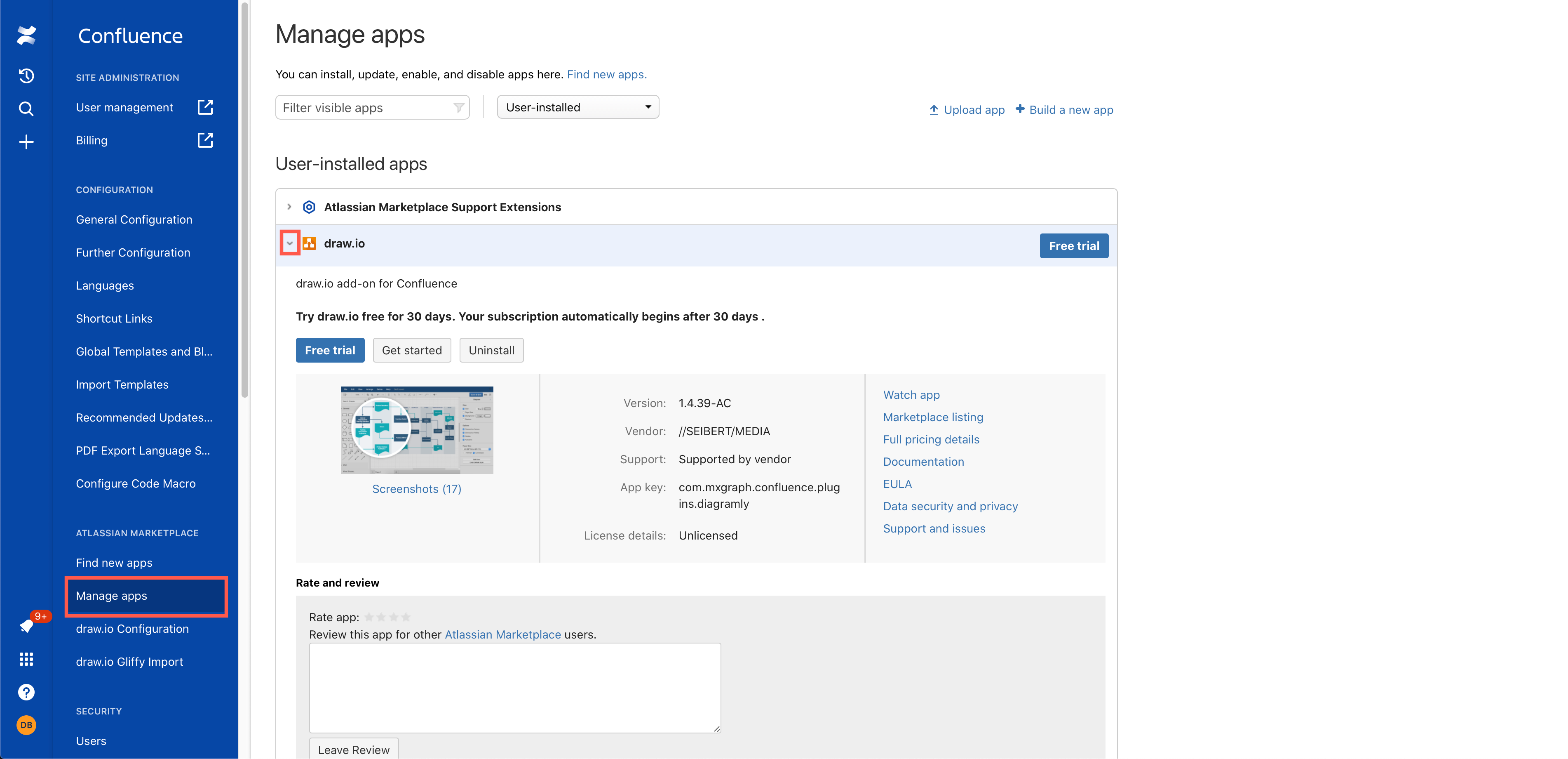 以管理员身份在 Confluence Cloud 设置中管理 draw.io 应用
