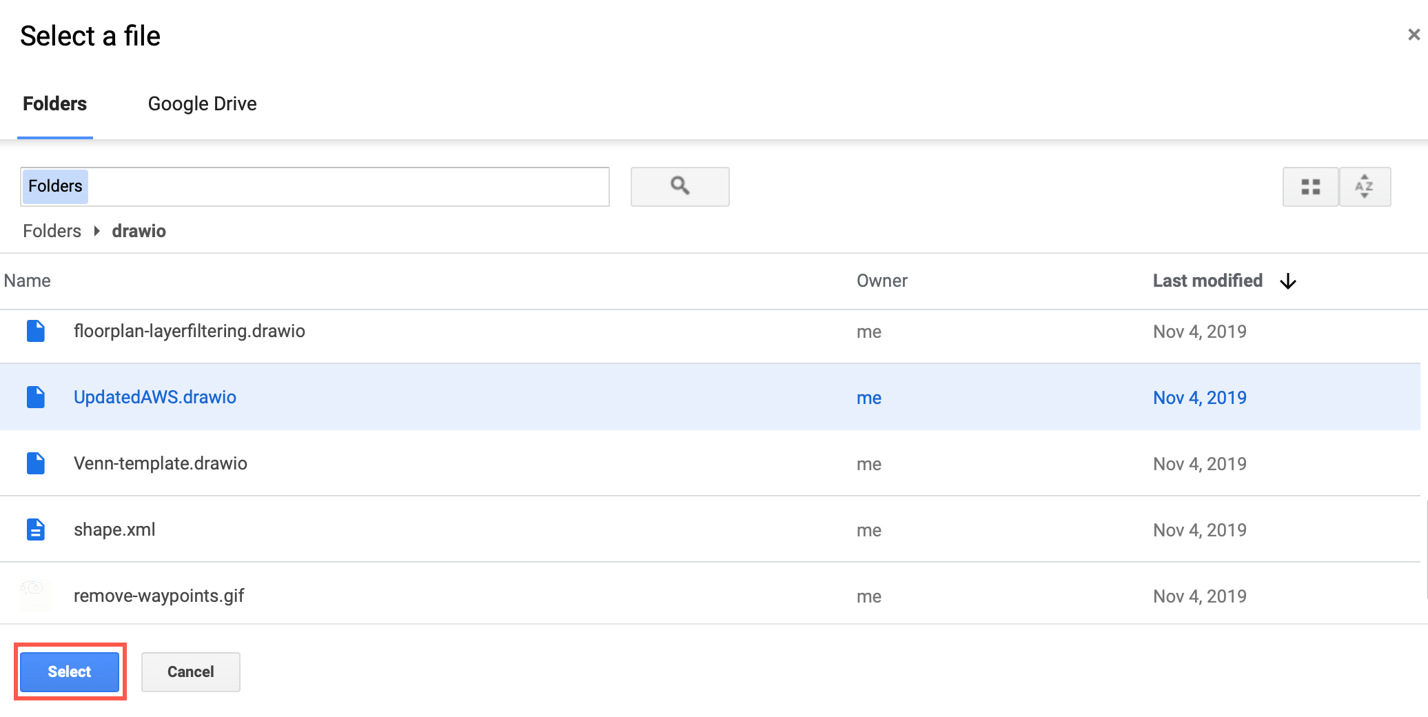 在您的 Google Drive 中选择 draw.io 图表文件