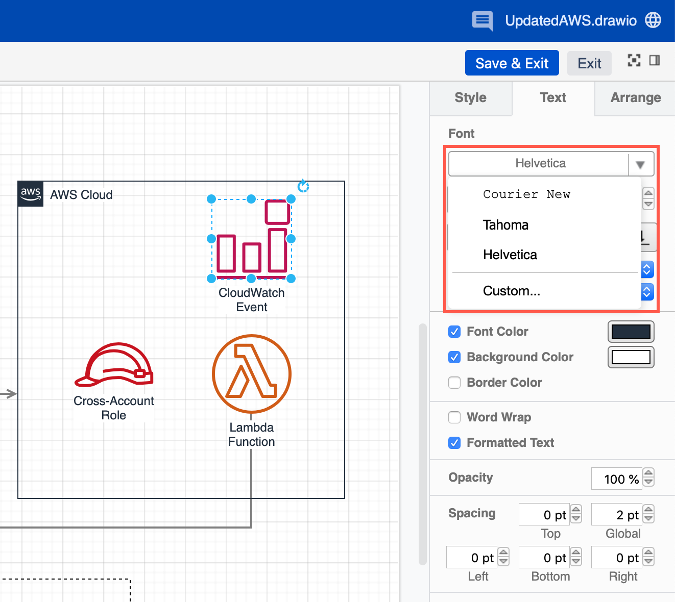 用于 Confluence Cloud 的 draw.io 中的自定义默认字体列表