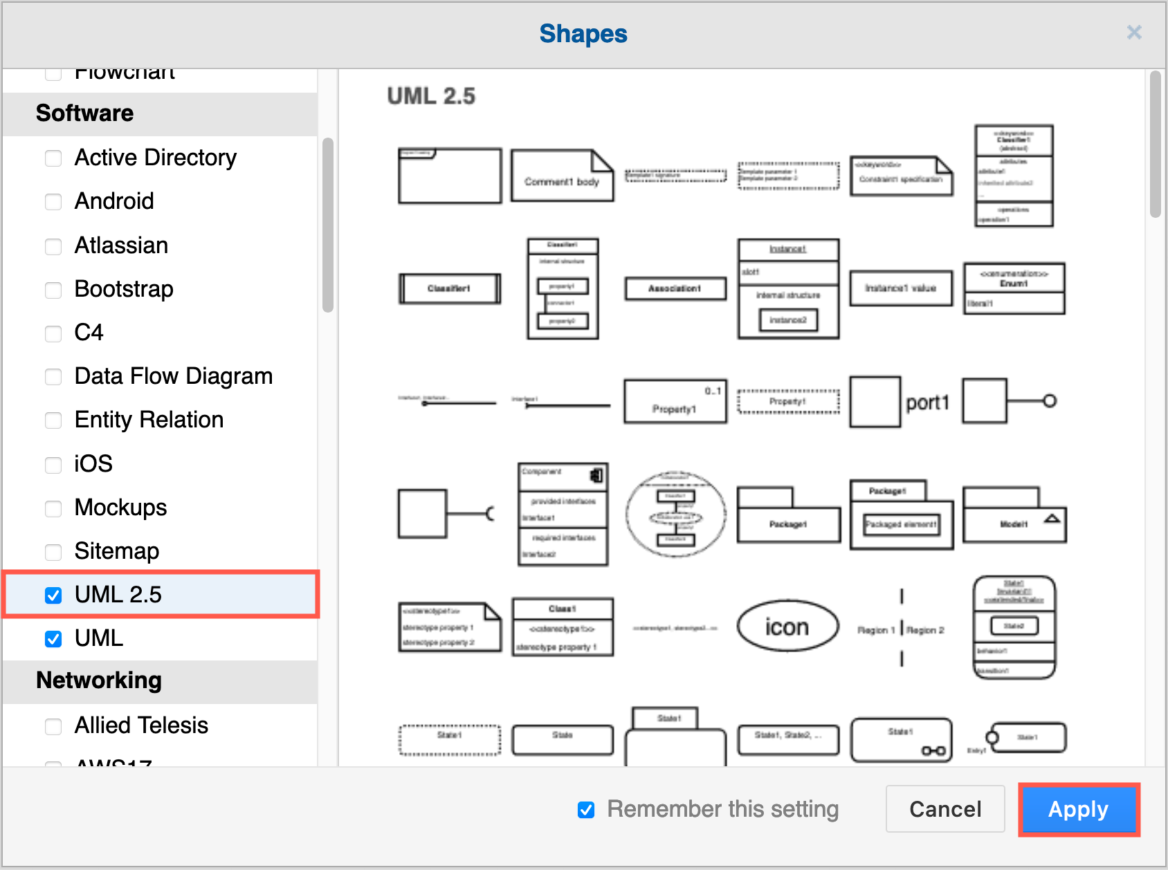 如果您希望使用这些形状，请启用 UML 2.5 形状库和旧 UML 库