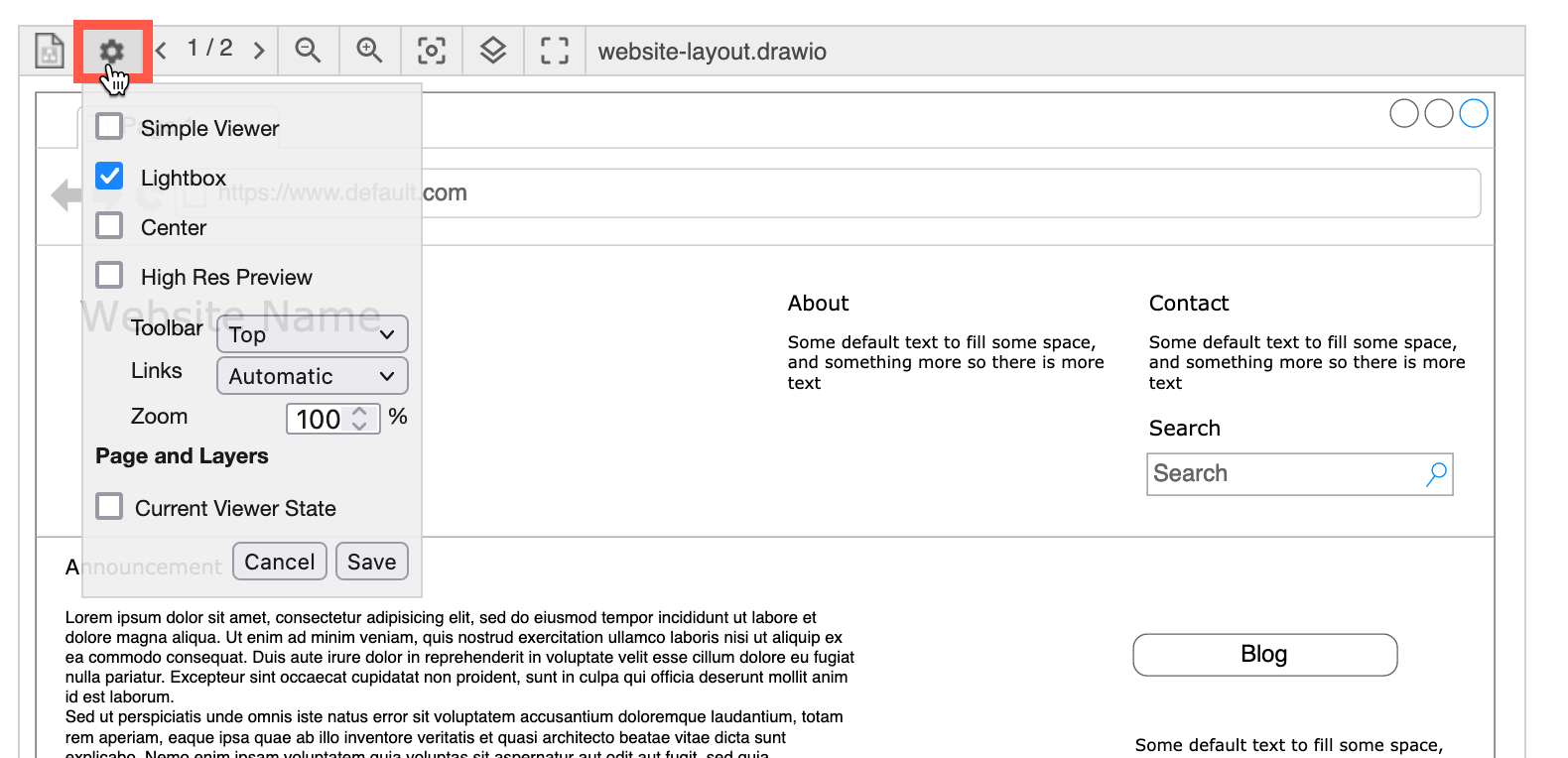 查看包含图表的页面并启用简单查看器时，在 Confluence Cloud 中更改 draw.io 宏的查看器设置