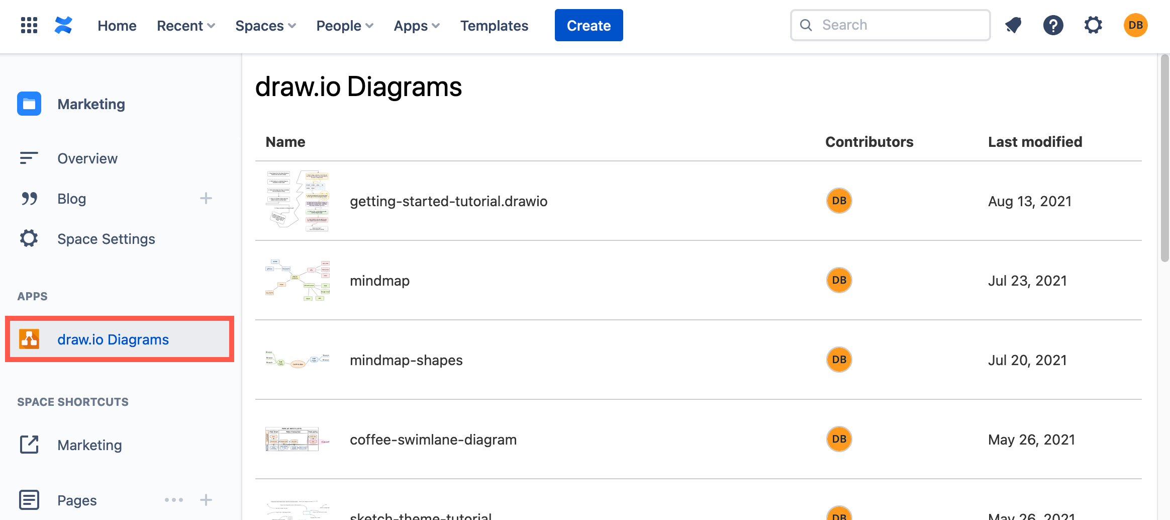 通过左侧面板查看 Confluence Cloud 空间中的所有 draw.io 图