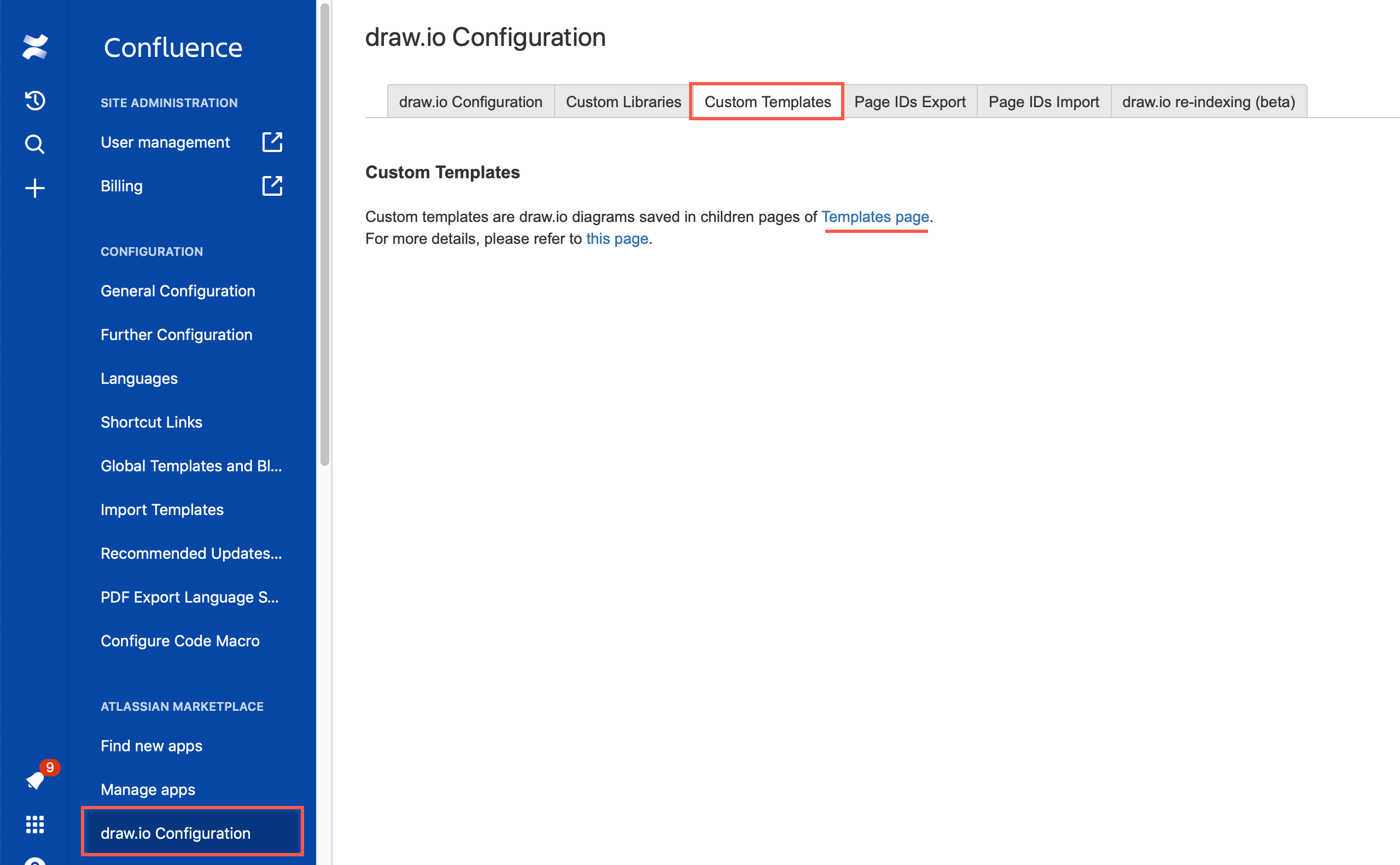 通过 Confluence Cloud 中的 draw.io 配置进入模板页面